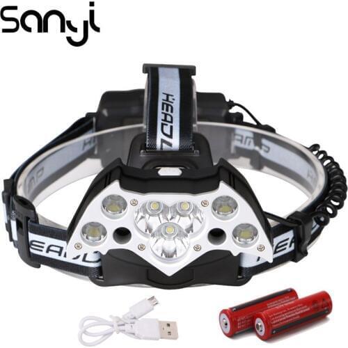 SANYI 7*T6+2*XPE Flashlight Head Super Bright Headlamp 6 Modes LED Camping Lamp by 18650 Battery Portable Lantern