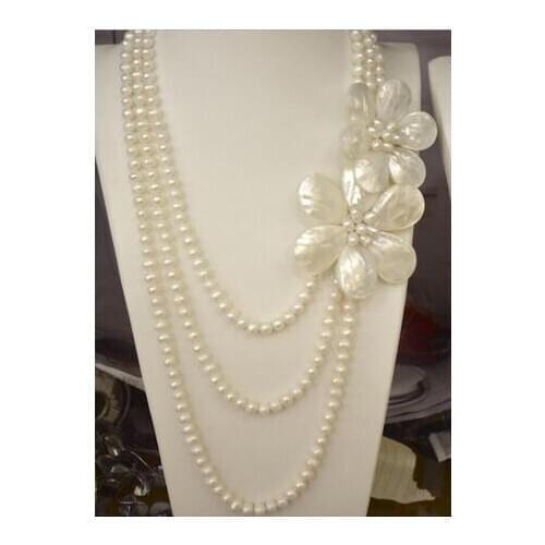 Natural White Freshwater 7-8MM Pearl Shell Floral Flower Petal multilayer Strand Stacked Necklace 18inches