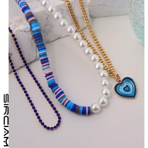 Sweet Layered Blue Heart Asymmetry Pearl Beaded Necklace For Women Crystal Choker New Design Handmade Clay Bead Bohemian Jewelry