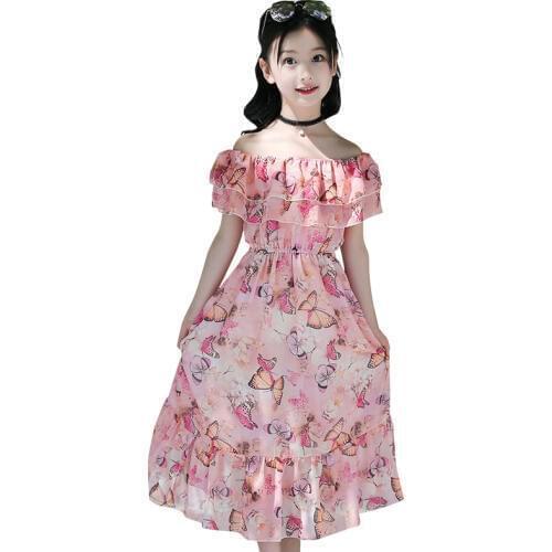 Girls dress summer new floral chiffon waist dress in the big childrens clothes print bohemian beach holiday dress 4-12 years