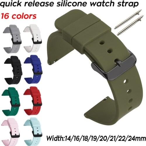 Soft Quick Release Silicone Watch Band 14 16 18 19 20mm 21 22mm 24mm Smart Watch Strap Waterproof Rubber Wrist Bracelet Black BK