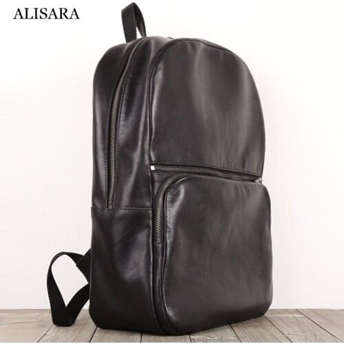 Alisara Backpacks Men First Layer Cow Leather High Quality Male Laptop Pack Large Capacity Travel Organizer Bag Casual Daypack