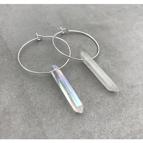 Raw crystal earrings Angel aura quartz hoop earrings Quartz point earrings