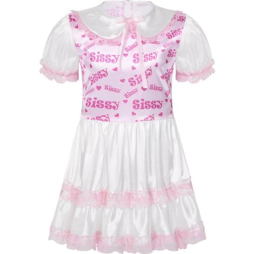 Men Sissy Silky Dress Sissy Cute Doll Collar Short Puff Sleeves Printed Bodice Lace Trimmed Ruffled Dress Adult Baby Cross Dress