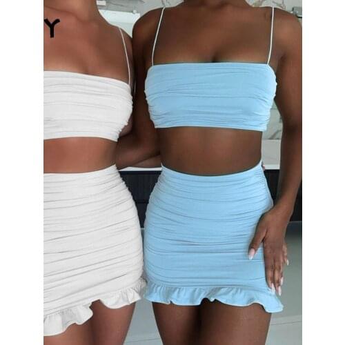 SRUBY Sexy Ruffle Summer Two Piece Set Strapless Off Shoulder White 2 Piece Set Dress Women Sleeveless Club Party Matching Set