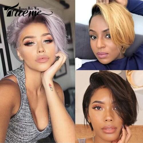 Trueme U Part Lace Wigs For Women Remy Brazilian Human Hair Ombre 613 Blonde Purple Fashion Pixie Cut Short Bob L Part Lace Wig