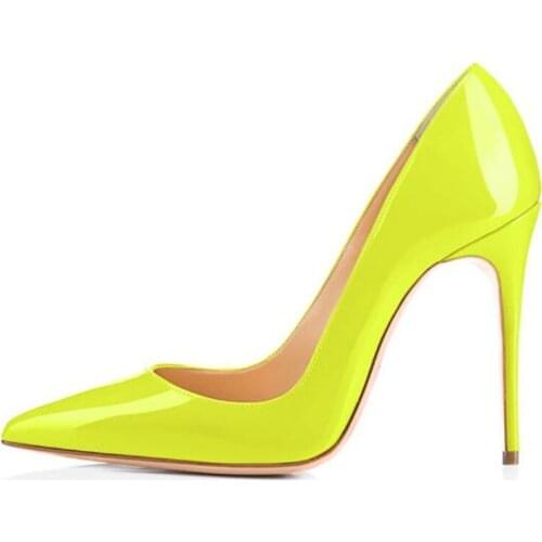 Dress Women Pumps Heels Party Shoes Nightclub Patent Leather Slip On 10CM Thin High Heels Pointed Toe Shallow Women Shoes Yellow