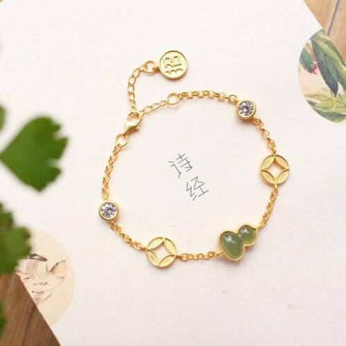 Ethnic Style Ornament Womens S925 Sterling Silver Hetian Jade Chinese Gourd Lucky Coin Fu Lu Bracelet Bracelet Ornament