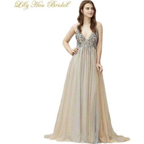 Giltter Prom Dress Sexy Deep V Neck Sleeveless Open Back Sequins Vintage Evening Gowns with Sweep Train