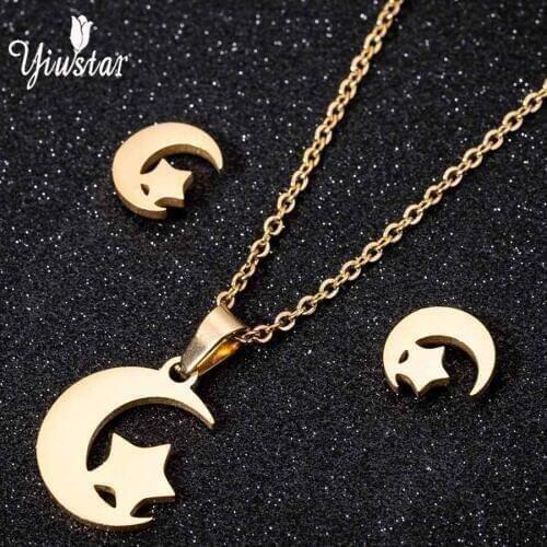 Yiustar Moon Star Necklace Earrings Women Jewelry Sets Long Necklace Moon Star Pendant Necklaces Choker pendientes mujer moda