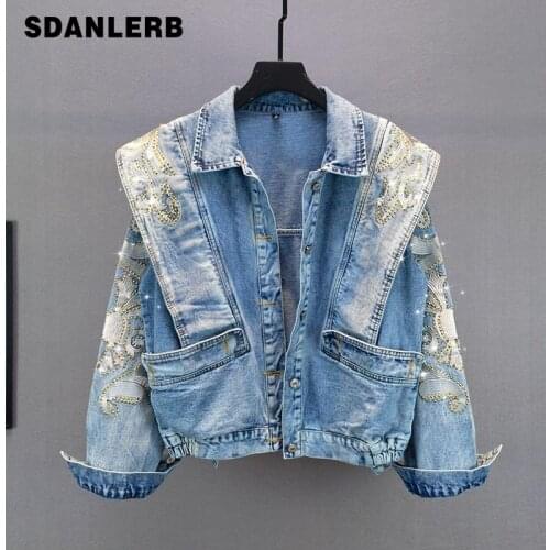 Embroidery Rhinestone Denim Coat for Women 2021 Spring Autumn New Loose Vaqueros Jacket Slimming Long Sleeves Femme Tops