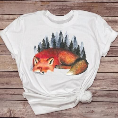 Women T-shirts Short Sleeve Cute Fox Animal Printing 90s Womens Graphic T Top Ladies Print Lady Shirt Female Tee T-Shirt
