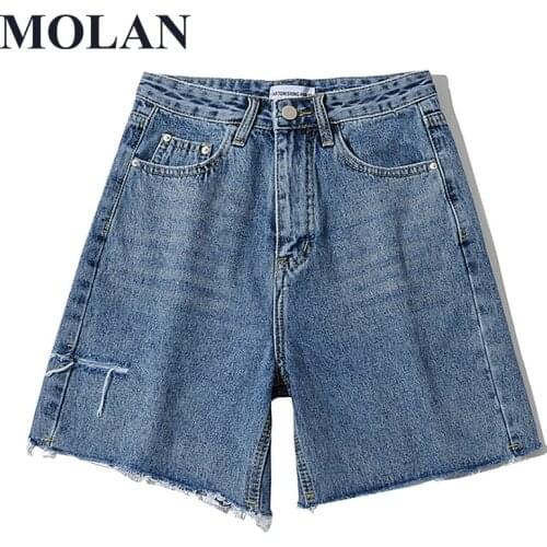 Women Blue Ripped Shorts Streetwear Trousers Style Tassel Pockets Buttons Female 2021 Summer Chic Shorts