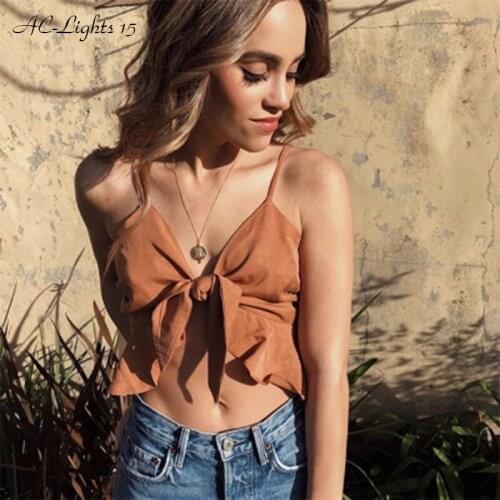 Women Tops 2020 Summer Bow Spaghetti Strap Crop Top Beach Casual Slim Backless Tank Tops Tees Sexy Tops for Women Clubwear