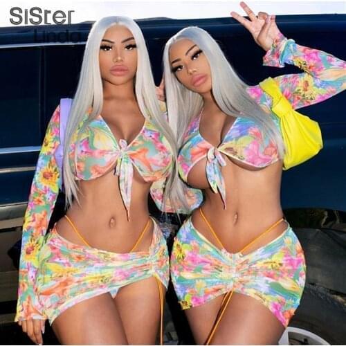 Floral Print Drawstring Bandage See Through 2 Piece Type Sets Womens Holiday Clubwear Lace-Up Top Mini Skirt Beach Resort Suits