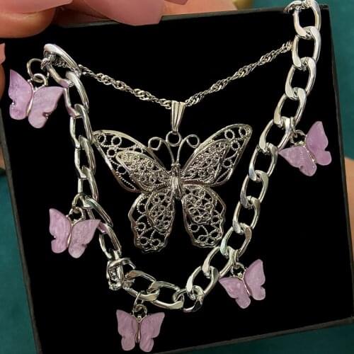JUST FEEL 2Pcs/set Butterfly Acrylic Cuban Chain Choker Necklace For Women Silver Color Hollow Butterfly Pendant Necklace Bijoux