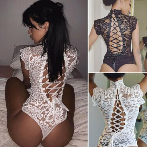 Womens Sexy Sissy Lace Lingerie Turtleneck Bodysuits Black White Nightwear Underwear Back Bandage Erotic Apparel Clothes