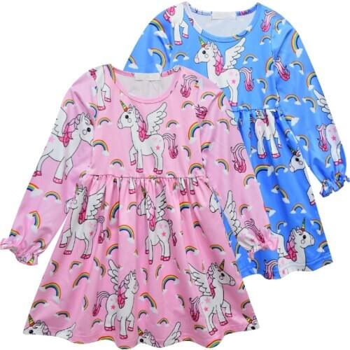 2020 Girl Costume Girls Clothes Unicorn Pattern Dresses Kids Christmas Party Dress Princess Long Sleeve Clothing Vestidos