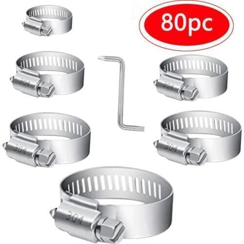 80Pcs/set Pipe Clamps Stainless Steel Hose Clips Fuel Hose Pipe Clamps Metal Fastener Soldering Assortment Kit Anti-oxidation