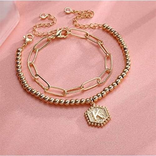 Fashion Girls Gold Color Beads Chain Bracelet Bangle With Letter Initial Alphabet Charms Fine Jewelry For Women Girls Gifts