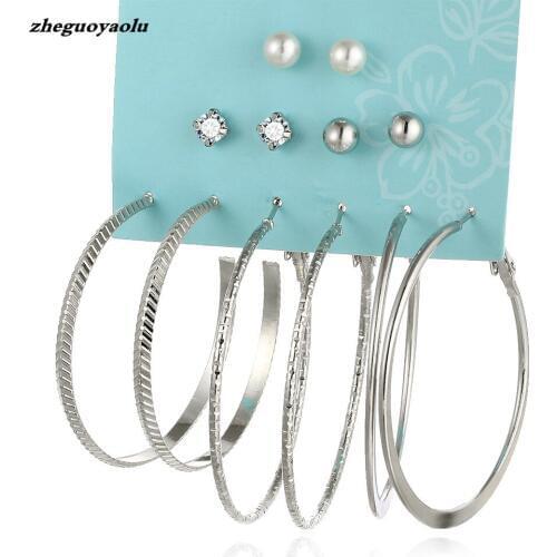 Europe And America High Quality Big Circle Earrings 6 Sets Set Earrings Pearl Rhinestones Exaggerated Earrings Jewelry Oorbellen