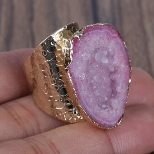 KEJIALAI Gold Color Rough Raw Natural Quartz Crystal Hole Stone Slice Bead Charm Adjustable Open Hammered Ring Cuff Women