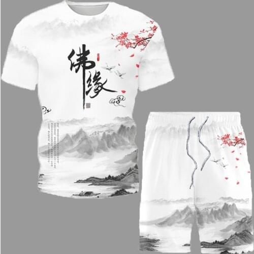 Chinese Style T-Shirt and Shorts Suit Literal Digital Print Short Sleeve Men Sets 2021 Casual Male Female Fashion Clothing Set