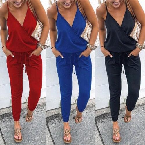 Summer New Arrival Sexy Spaghetti Cross Strap Lace Up Jumpsuits Women V-Neck Solid Casual Sleeveless Pockets Long Romper Female