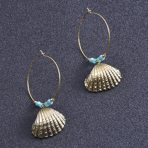 Vintage Seaside jewelry female Golden natural stone blue turquoise shell earrings long natural shell 18K Gold Plated earrings