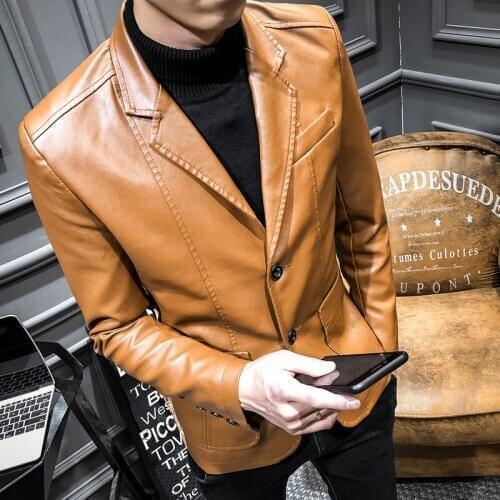 2021 Spring New Mens PU Leather Jacket High Quality Business Fashion Casual Slim Solid Color Lapel Motorcycle Leather Men