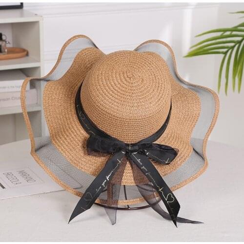 New Korean Style Woman Straw Gauze Joint Bow Ribbon Large Brim Sunshade Ins Celebrity Outing Fashion Beach Holiday Glacier Hat