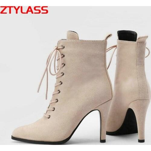 2021 Autumn Winter Womens Boots Fashion Cross Tied Thin High Heel Ankle Boots Faux Suede Pointed Toe Short Boots Black Beige