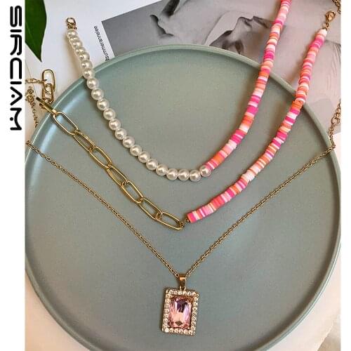 Ins Pink Square Rhinestone Asymmetry Clay Beaded Necklace For Women Soft Pottery Bead Pearls Choker Layered Party Femme Jewelry