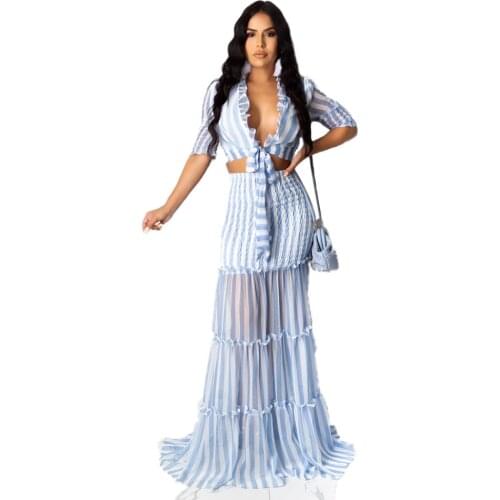 Adogirl Casual Sheer Mesh Patchwork Two Piece Set Dress Autumn Striped Fungus Lace Up Crop Chiffon Top Maxi Skirt Beach Suit