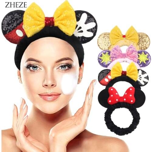 2021 NEW Cute Mouse Ears Sequins Bow Hairband Girls Wash Face Makeup Headband Coral Fleece Festival Hair Accessories For Women