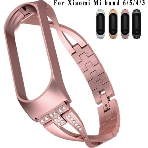 Women Diamond Bracelet Strap For Xiaomi Mi Band 3 4 5 6 Bling Stainless Steel Watch Band Correa For Mi Band 6 5 4 3 Strap