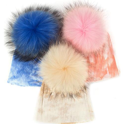 Winter Real Fur Pompom Hat for Kids Knit Beanies Hats for Newborn Baby Girls Boys Ribbed Cotton Multi Color Fur Pom Pom Cap