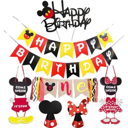 Mickey Mouse Theme Banner Mickey Minnie Banner Pull Flower Cake Topper Children Birthday Party Decoration Baby Shower Supplies