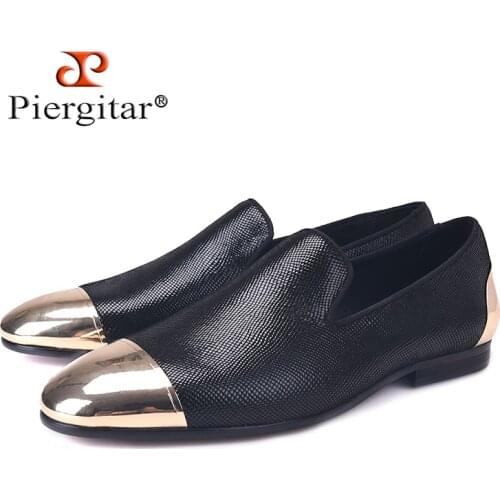 Piergitar men black sheepskin shoes with front and back copper buckle Party and Banquet men loafers large size smoking slippers