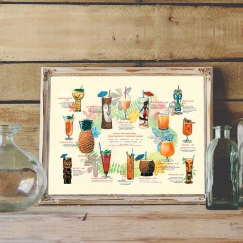Vintage Tiki Cocktails Prints Tropical Kitchen Wall Art Pictures Decor Canvas Poster Retro Cocktails Bar Pub Decoration Painting