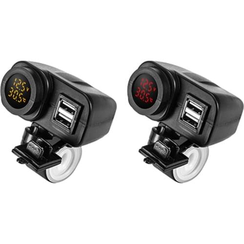 Waterproof Dual USB Charger Motorcycle Handlebar Power Adapter with 12V Digital Voltmeter Thermometer Motorcycle Accessories