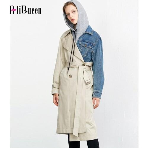 European Fashion 2019 Autumn Long Trench Coat Women Lapel Long Sleeve Khaki Hit Color Denim Stitcing Loose Sashes Windbreaker