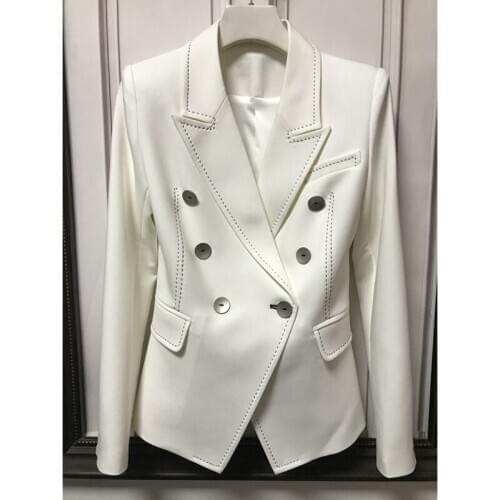 EXCELLENT QUALITY 2021 Stylish Designer Blazer for Women Double Breasted Shell Buttons Contrast Topstitching Blazer Jacket