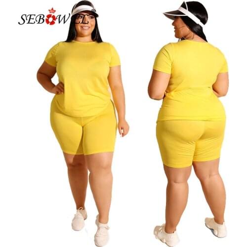 SEBOWEL Plus Size Women Solid Color Fashion Casual T-shirt Pants Two-piece Set Summer Short Sleeve Tops + Shorts Outfits Clothes
