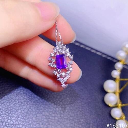 Fine Jewelry 925 Sterling Silver Inset With Natural Amethyst Womens Luxury Trendy Rectangular Gem Pendant Necklace Supports Det