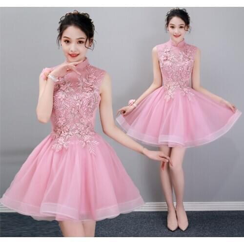 New pink short lady girl women princess bridesmaid performance dress banquet party ball dress gown free shipping
