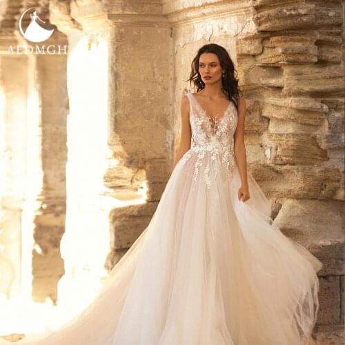 Aedmgh Stunning Beach Wedding Dresses 2021 V- Neck Sleeveless A-Line Court Train Vestido De Novia Elegant Appliques Bridal Gowns