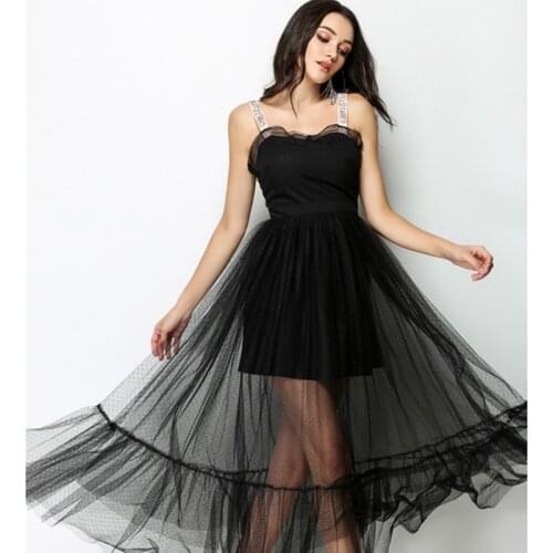 2020 Black Sleeveless Spaghetti Strap Strapless Dress Vintage Mesh Maxi Dresses Summer High End Women Sexy Party Dress Vestidos