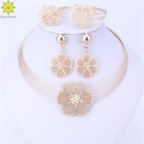 Dubai Gold-color Jewelry Sets Nigerian Wedding African Beads Crystal Necklace Earrings Bracelet Ring Flower Pendant Jewelry Set