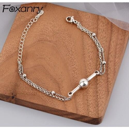 FOXANRY 925 Sterling Silver Double Layer Chain Bracelets New Trendy Vintage Round Shape Geometric Punk Party Jewelry Wholesale